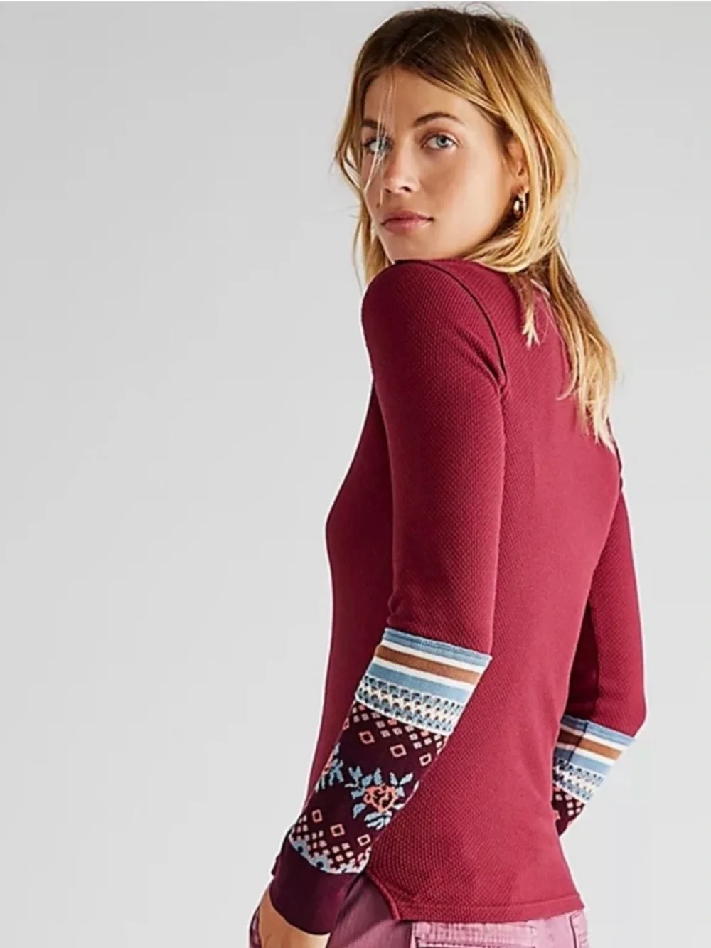 Free People Burgundy Mikah Layering Long Sleeve Henley with Patterned Cuffs - Picture 3 of 6